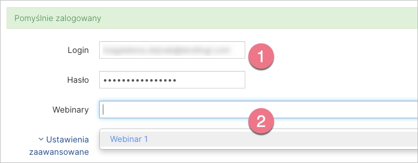 Zaloguj się danymi z LiveWebinar i wybierz webinar