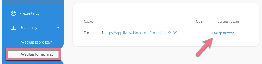 Lista wygenerowana przez formularz LiveWebinar w sekcji Według formularzy