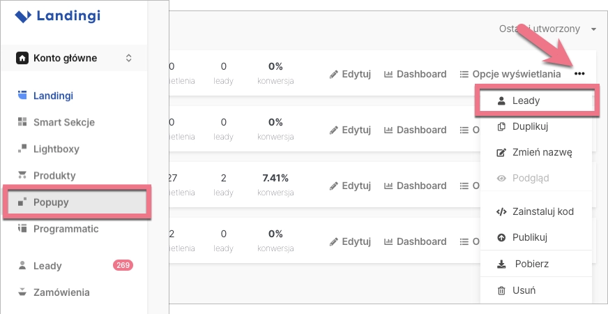 Leady z pop-upów