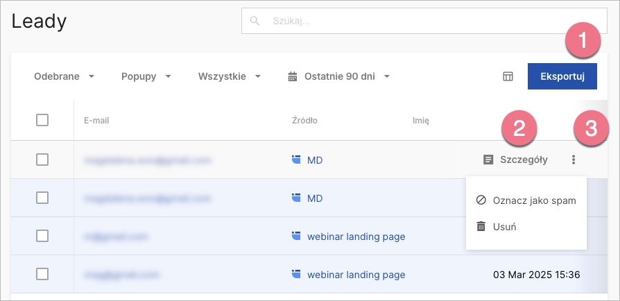 Działania na liście leadów