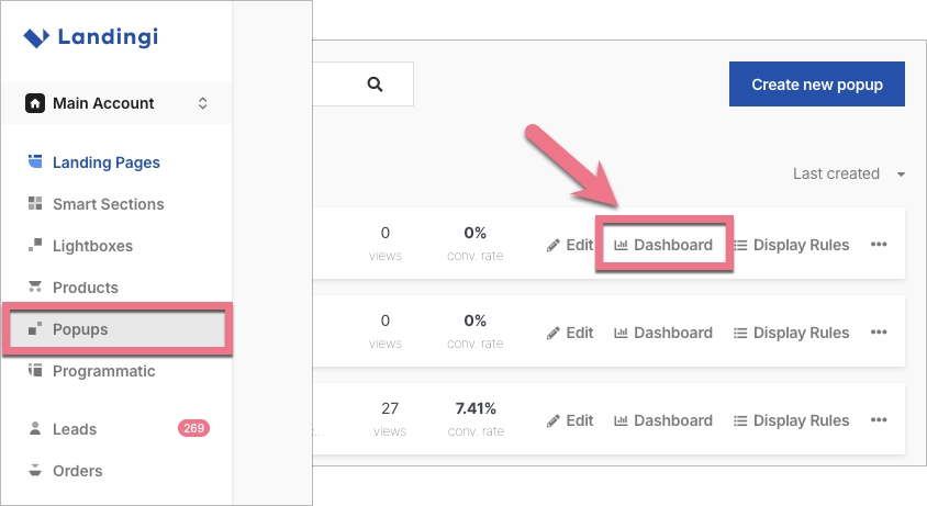 Go to popup Dashboard