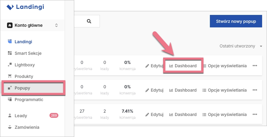 Przejdź do dashboardu popupu