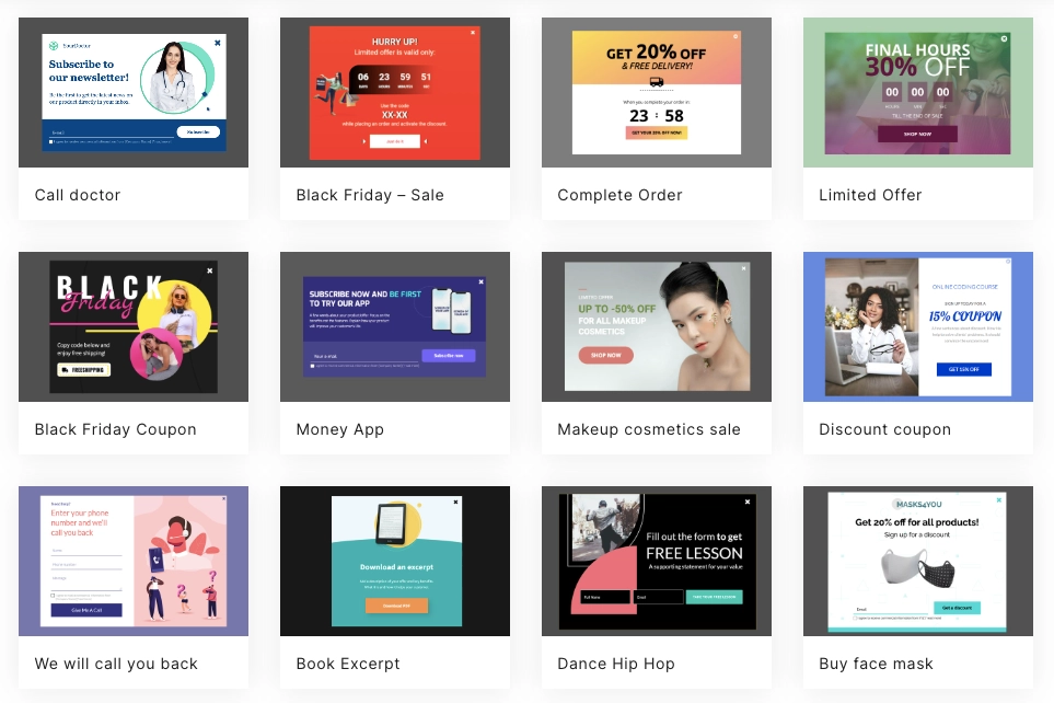 List of popup templates