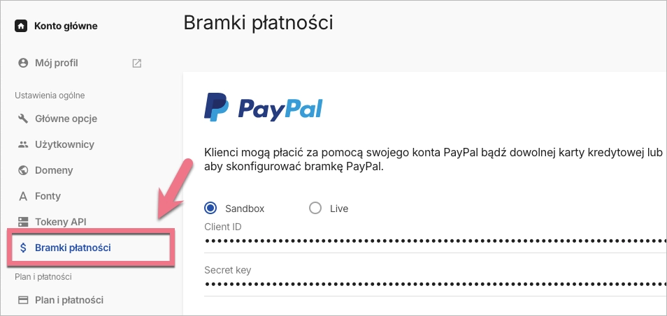 Nawigacja do ustawień bramek płatności w Landingi