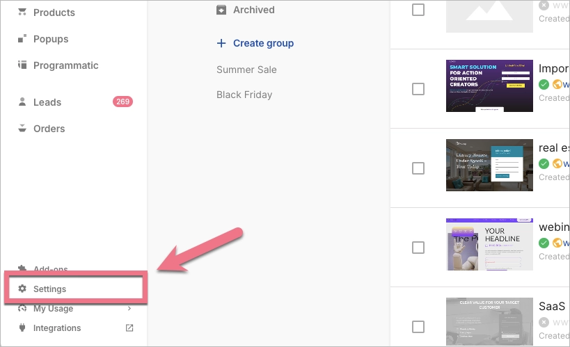 Navigating to Settings in Landingi platform
