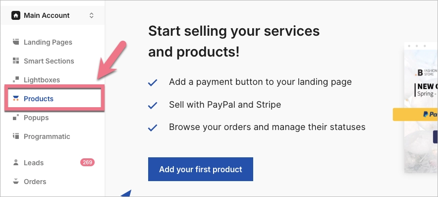 Products tab in Landingi