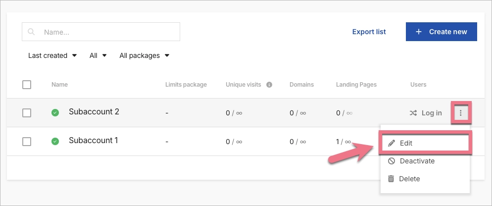 How to edit subaccount in Landingi