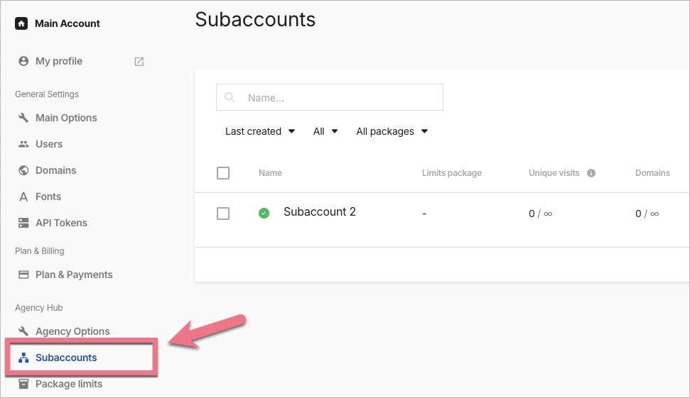Subaccounts tab in Landingi
