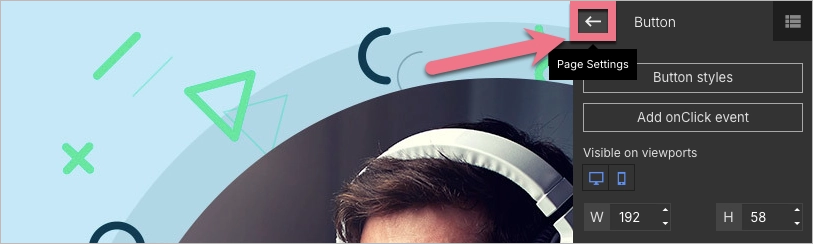 Clicking the arrow to go back to Page Settings in Landingi editor