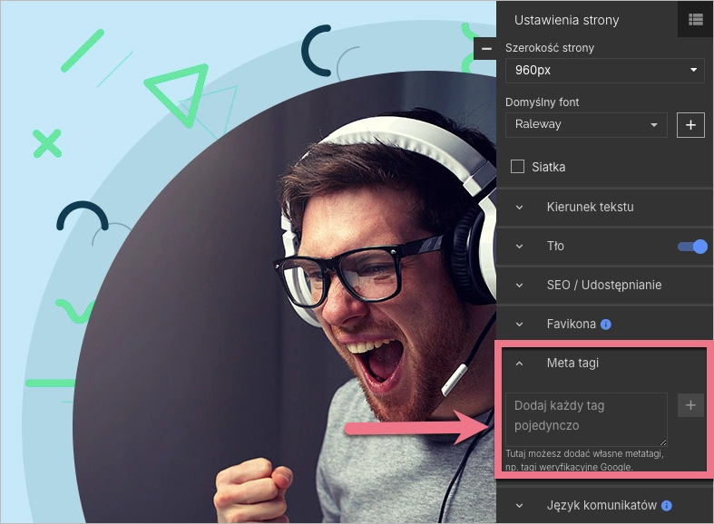 Zakładki meta tagi w edytorze Landingi