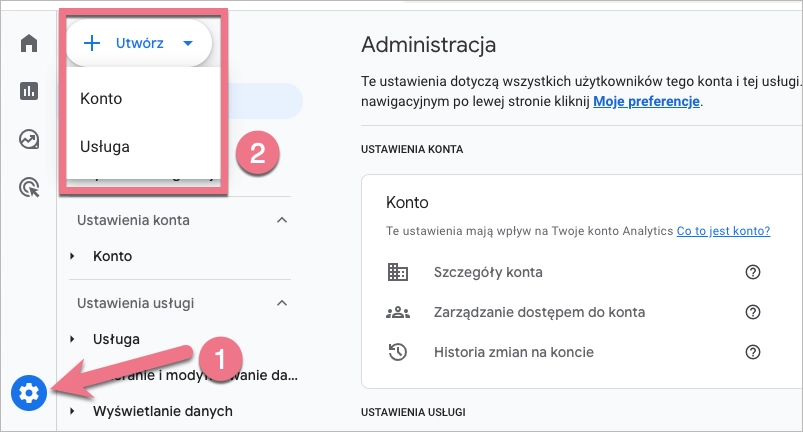 Widok administracji w Google Analytics 4