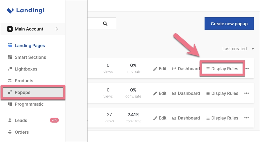 Popup display rules in Landingi for GTM
