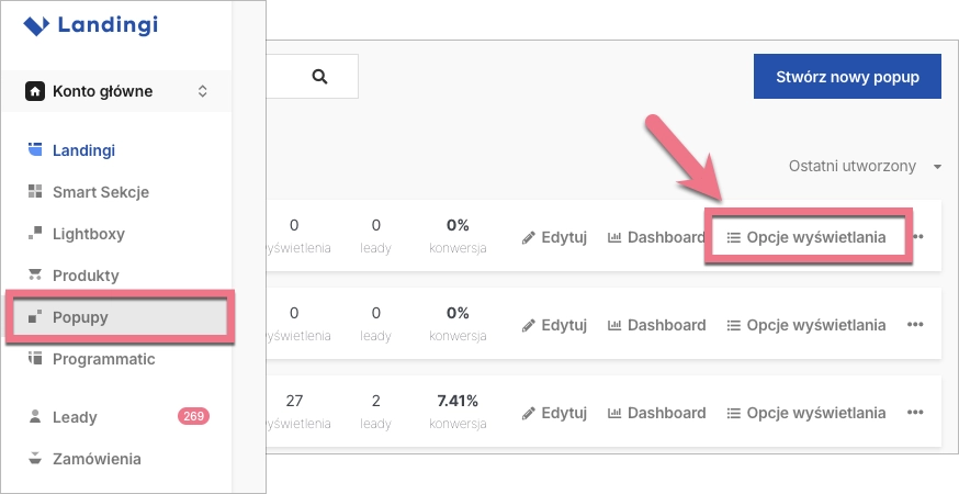 Przejdź do opcji wyświetlania popupu