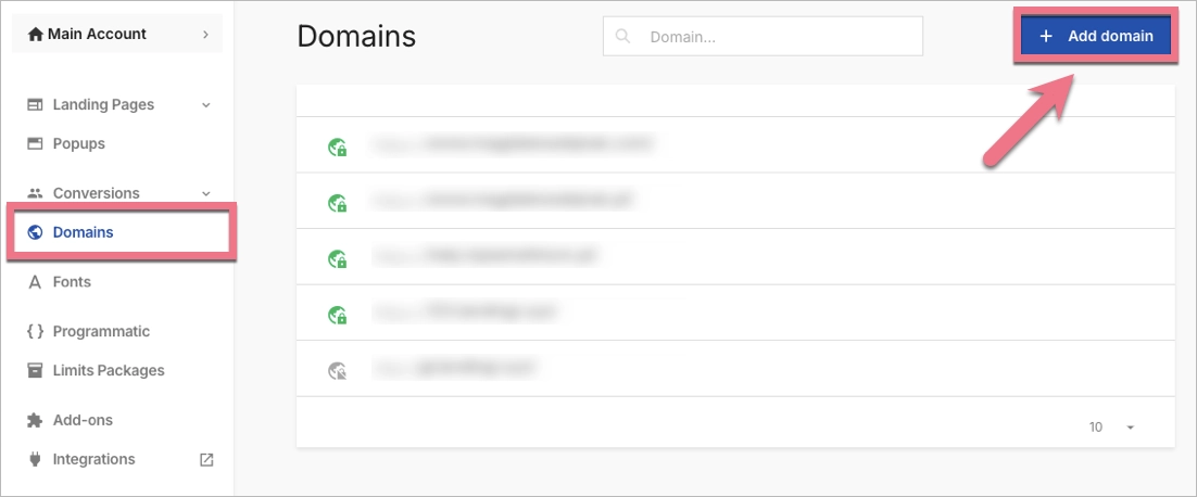 Domain list in Landingi platform