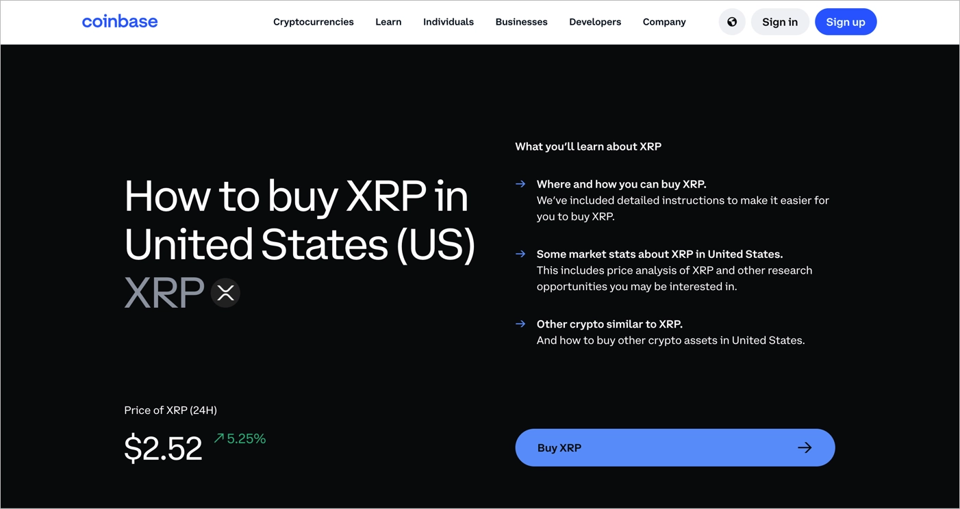 Example of financial landing page (cryptocurrency purchase guide)
