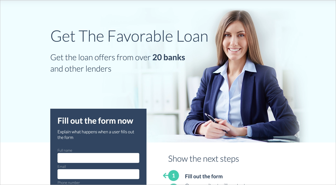 Landing page template for finance lead generation