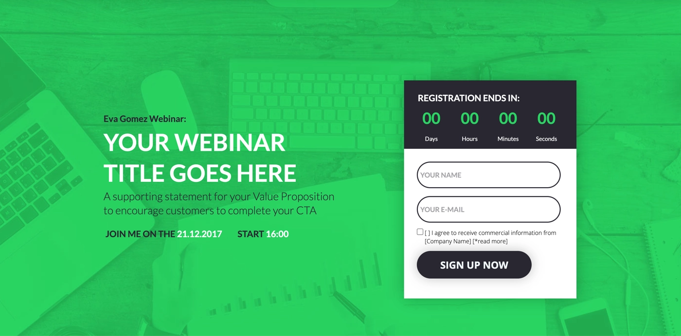 Landing page template for financial webinar