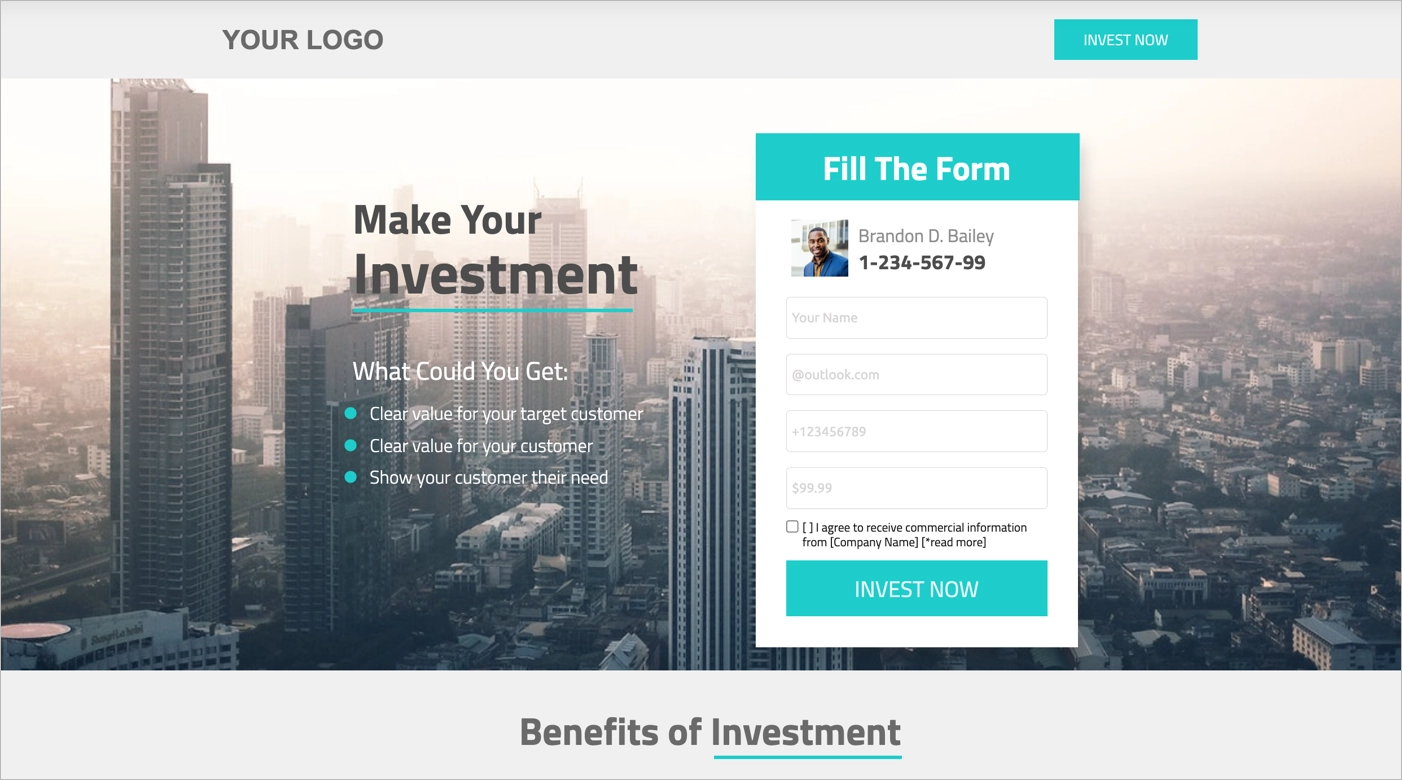 Landing page template for investment offer