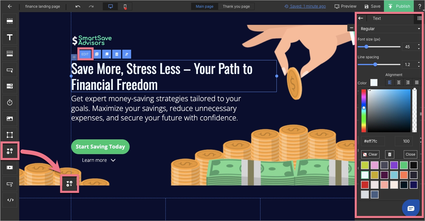 Landing page editor view