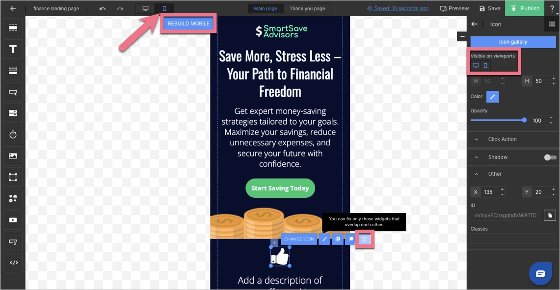 Adjusting mobile view in Landingi editor