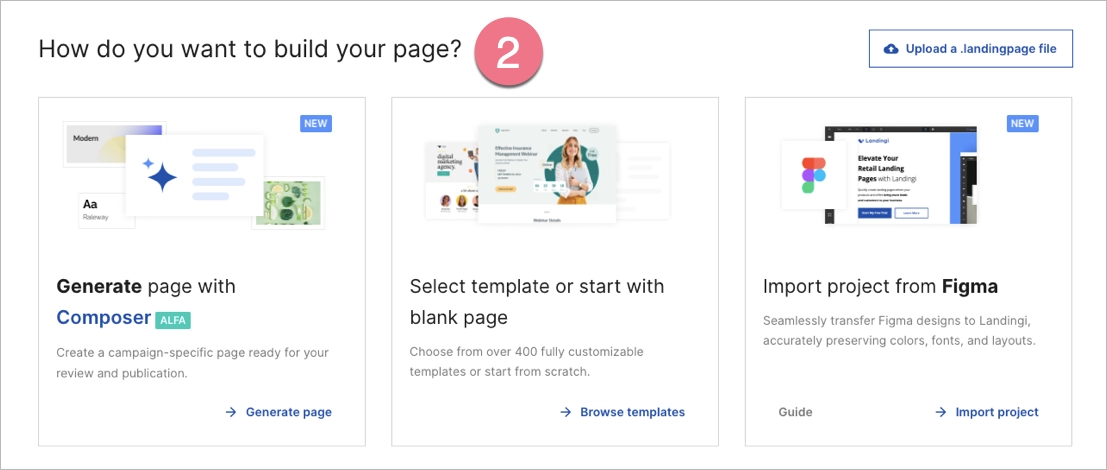 Choosing the method of landing page creating