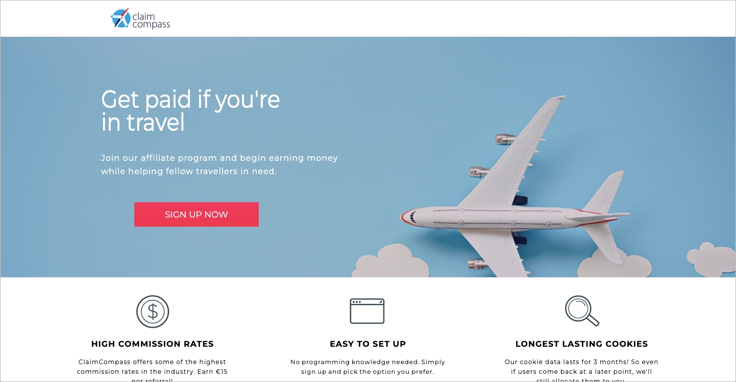 Ejemplo de página de afiliación para una empresa de viajes