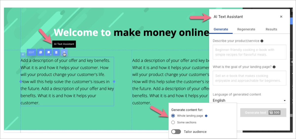 Asistente de texto de Landingi