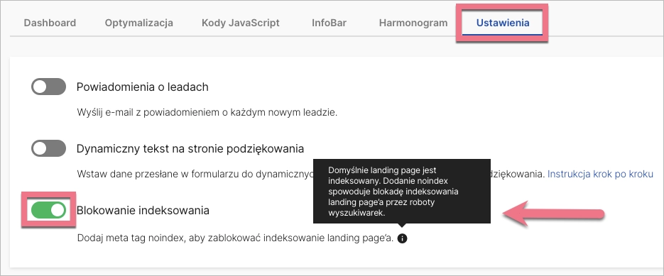 Włączanie blokowania indeksowania landing pagea