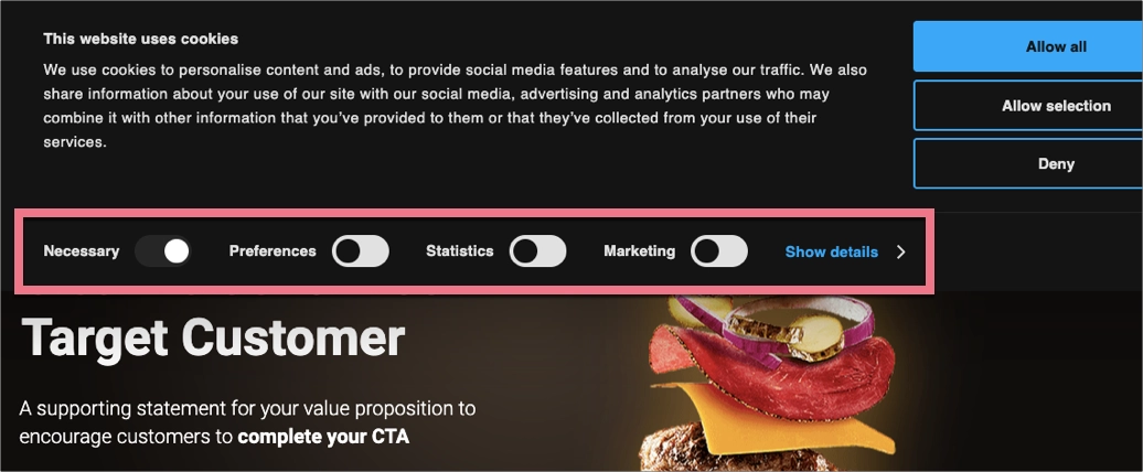 Kategorie, do których mapowane są ciasteczka w Cookiebot