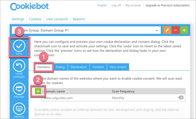 Sekcja Domains w Cookiebot Manager