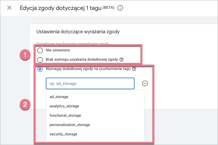 Edycja zgody dotyczącej tagu w GTM