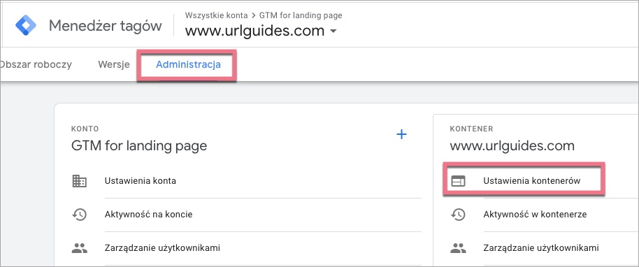 Ustawienia kontenerów GTM