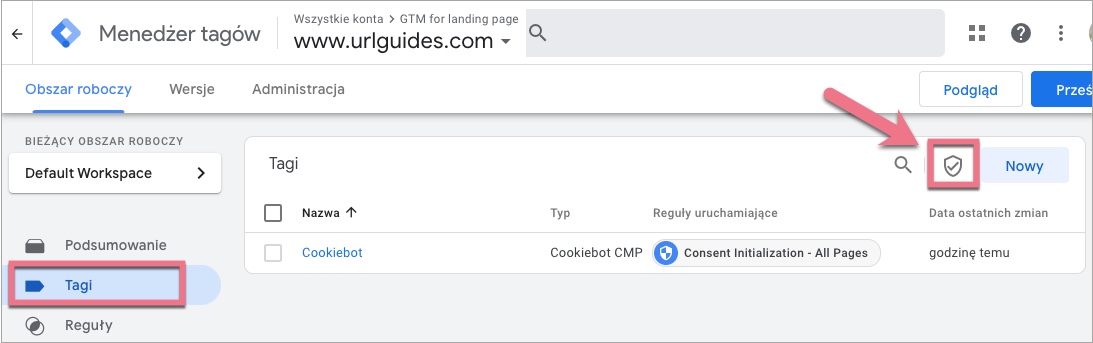 Ikona tarczy w tagach GTM