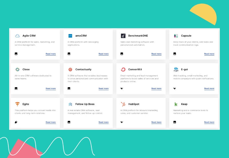Integrações de aplicativos externos do construtor de landing pages