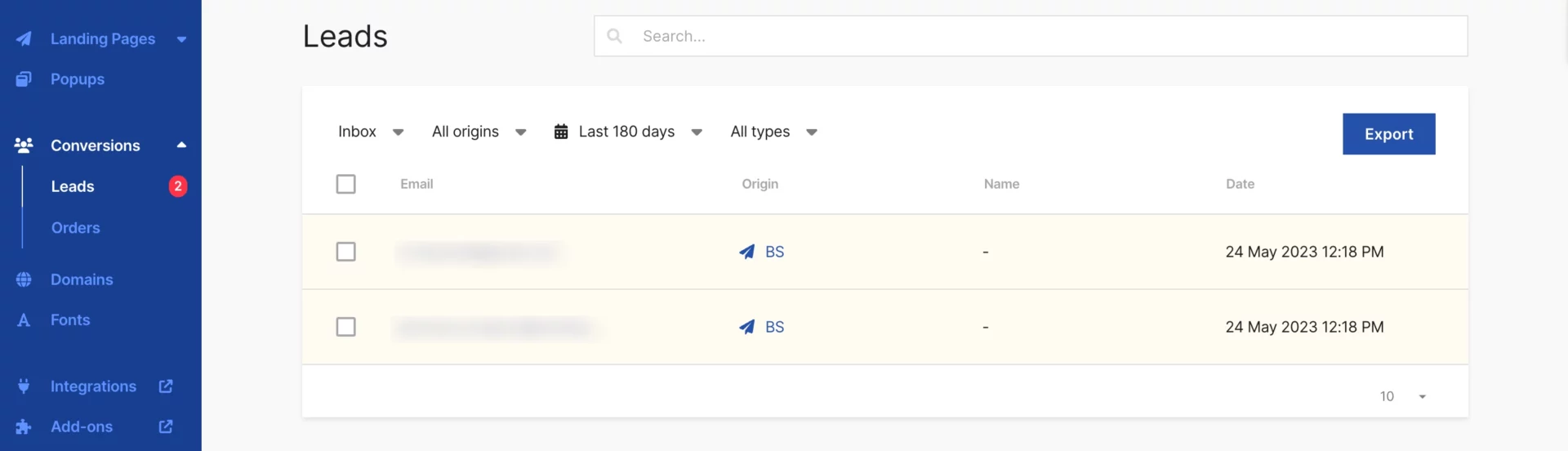lead managment panel in landing page platform