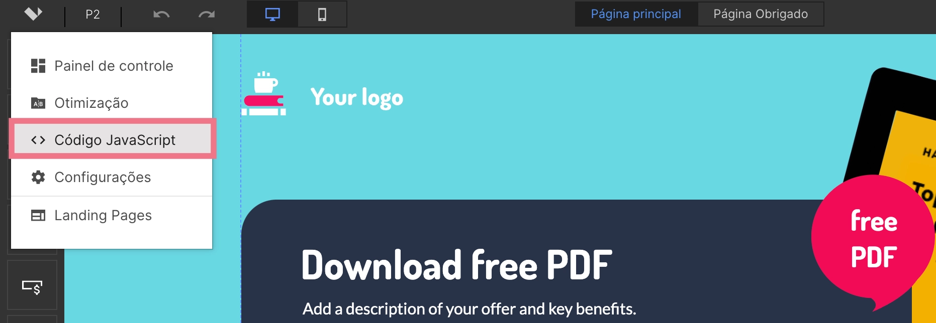 Adição de código JavaScript no criador de páginas