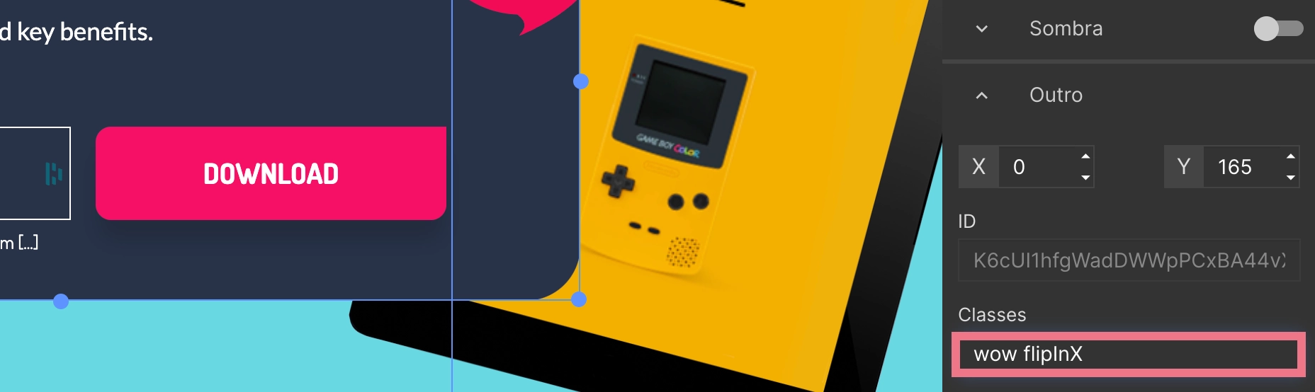 wow flipInX exemplo de animação adicionada em um construtor de landing page