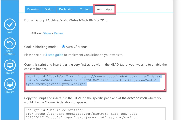 Copying implementation code from Cookiebot Manager