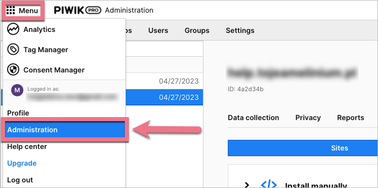 Piwik PRO integration with Landingi - menu