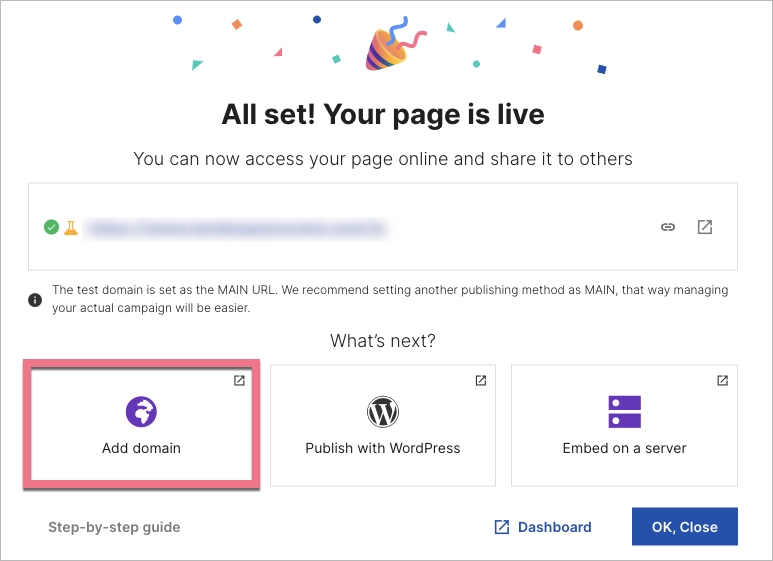 Landing page publishing: adding own domain