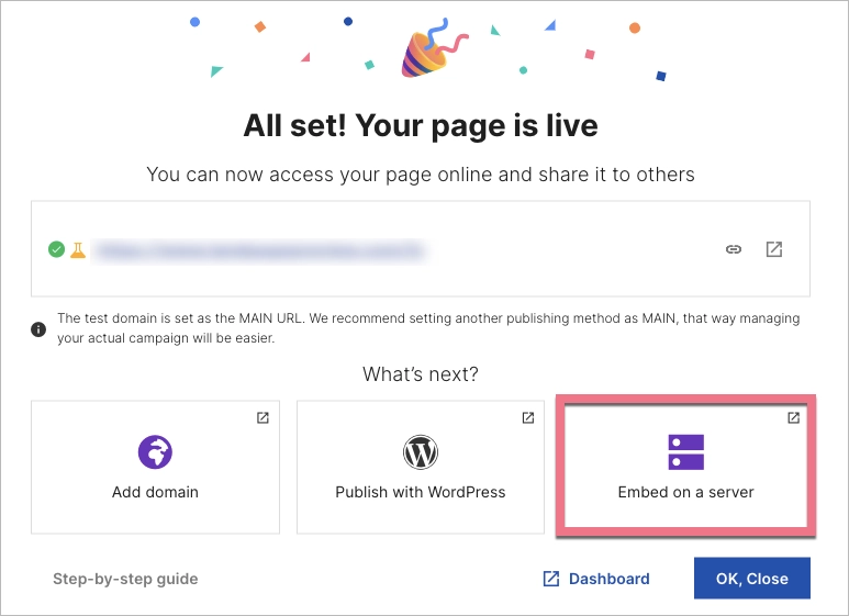 Landing page publishing: embedding on a server