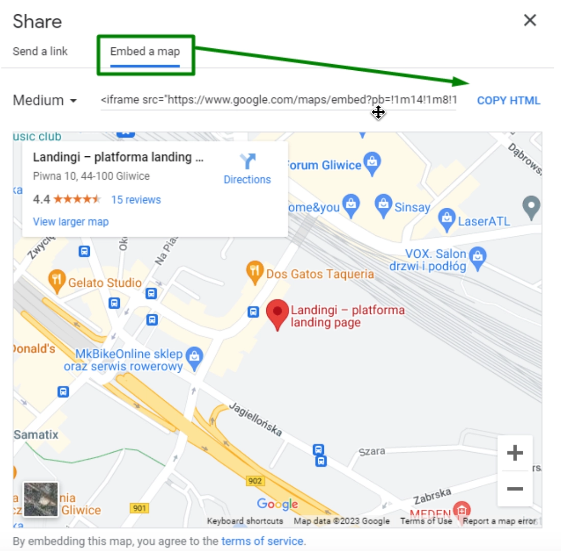 Embedding a map with a predefined HTML code to place it on the landing page