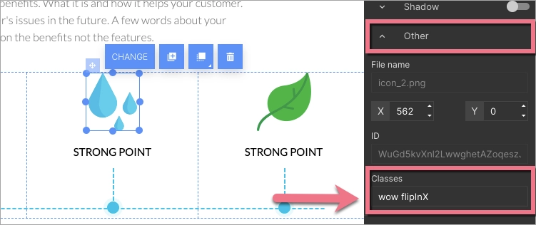 wow flipInX example animation adding in a landing page builder