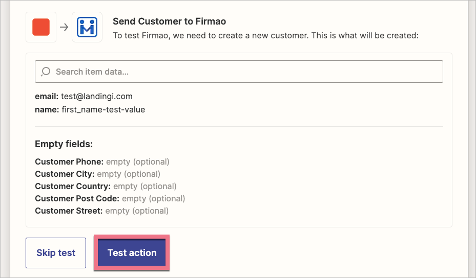 Test action to let Zapier send a test lead