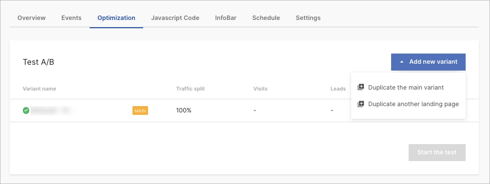 Optimization tab with A/B tests in Landingi
