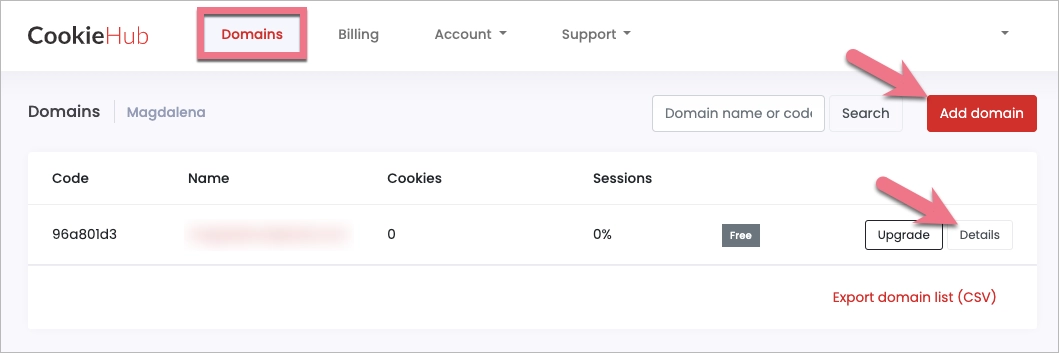 Add domain to CookieHub