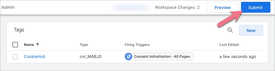 Submitting changes in GTM to integrate a landing page and CookieHub