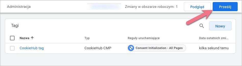 Zapisywanie zmian z GTM dla integracji landing page'a z CookieHub