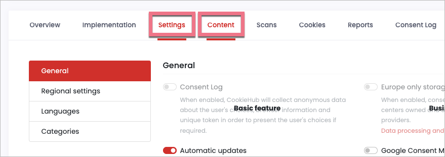 Settings and Content tabs in CookieHub