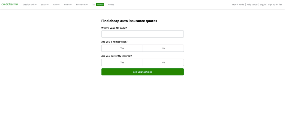 Credit Karma insurance landing page